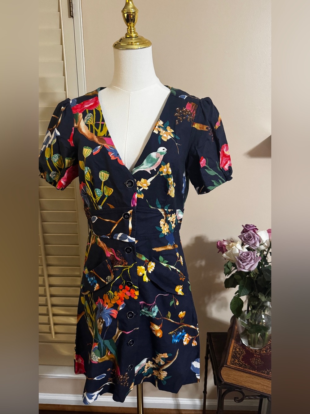 Tanya Taylor Navy Floral & Bird-Print V-Neck Button Dress